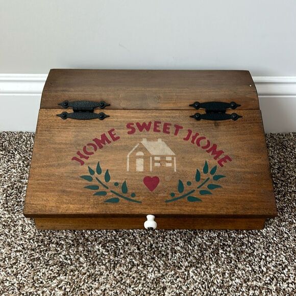 Vintage Home Sweet Home Farmhouse Rustic Wooden Handmade Bread Box - Picture 1 of 15